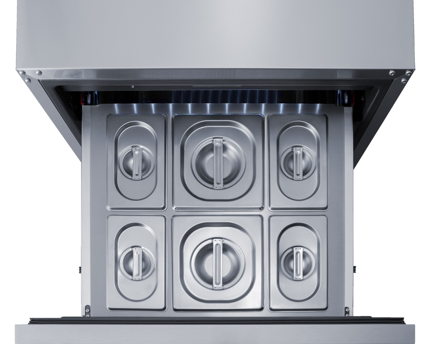 Stainless steel kit with frame and 6 steam table pans for use in Summit ADRD24 drawer refrigerator